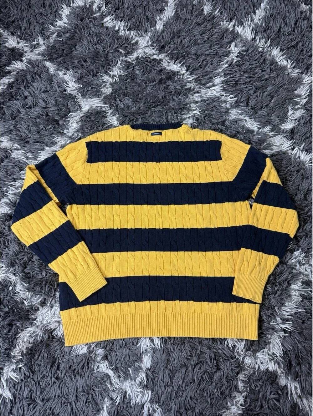 Nautica Men Medium Cable Knit Sweater Yellow Blue Striped Medium Crewneck